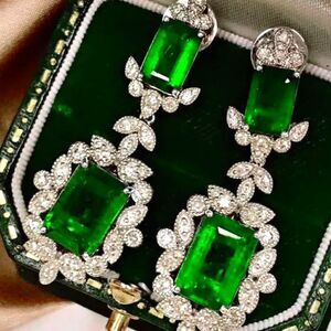 Princess Cut Emerald Drop Stud Earrings Surrounded with White  Baguette Diamonds
